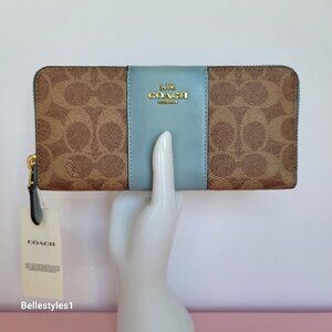COACH Slim Accordion Zip-Around Wallet in Colorblocked Canvas &Leather-Tan Aqua⭐